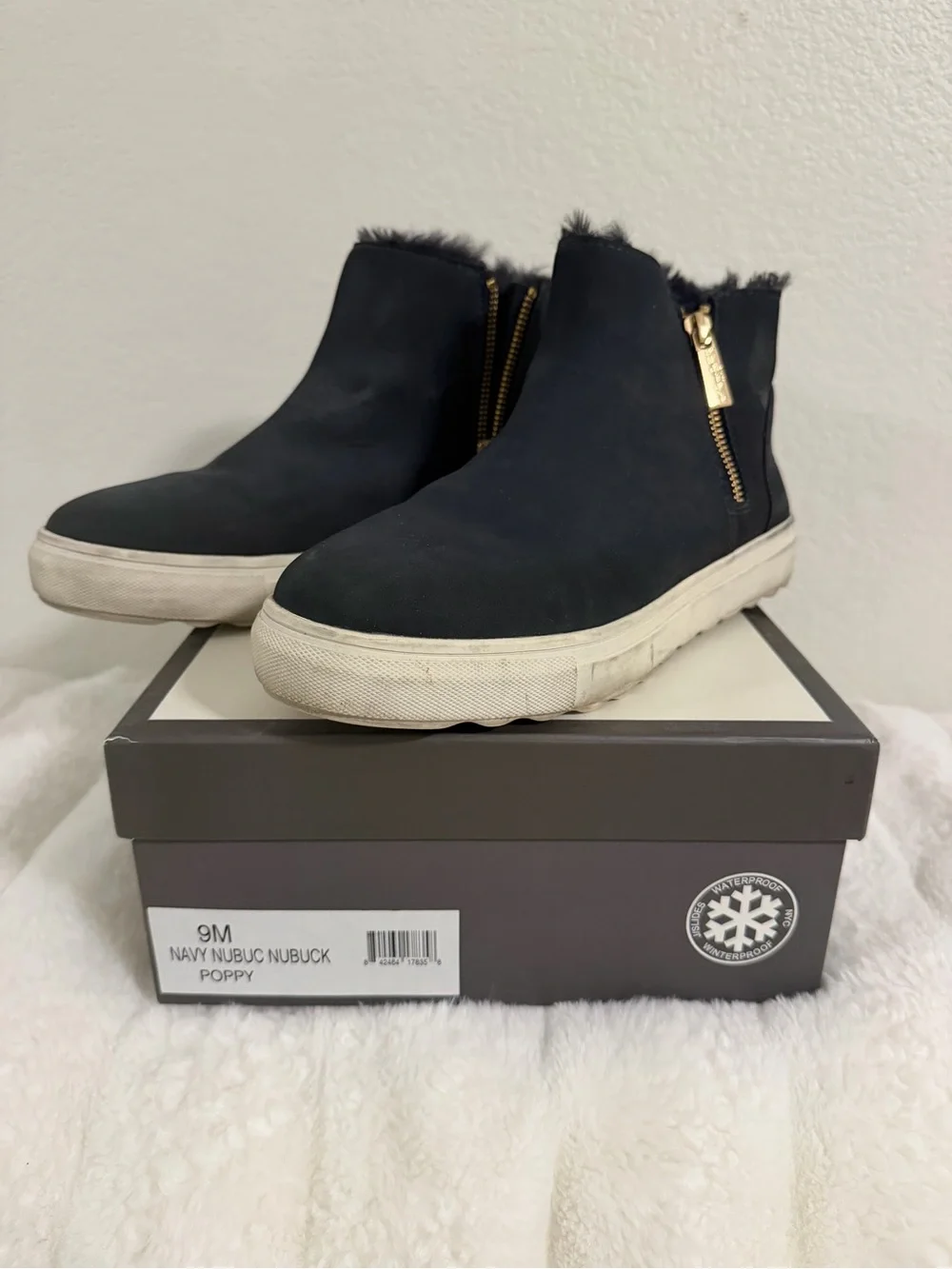 ⁠J/Slides Poppy Navy Nubuck Waterproof Faux Fur Booties 9
